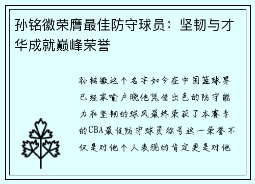 孙铭徽荣膺最佳防守球员：坚韧与才华成就巅峰荣誉